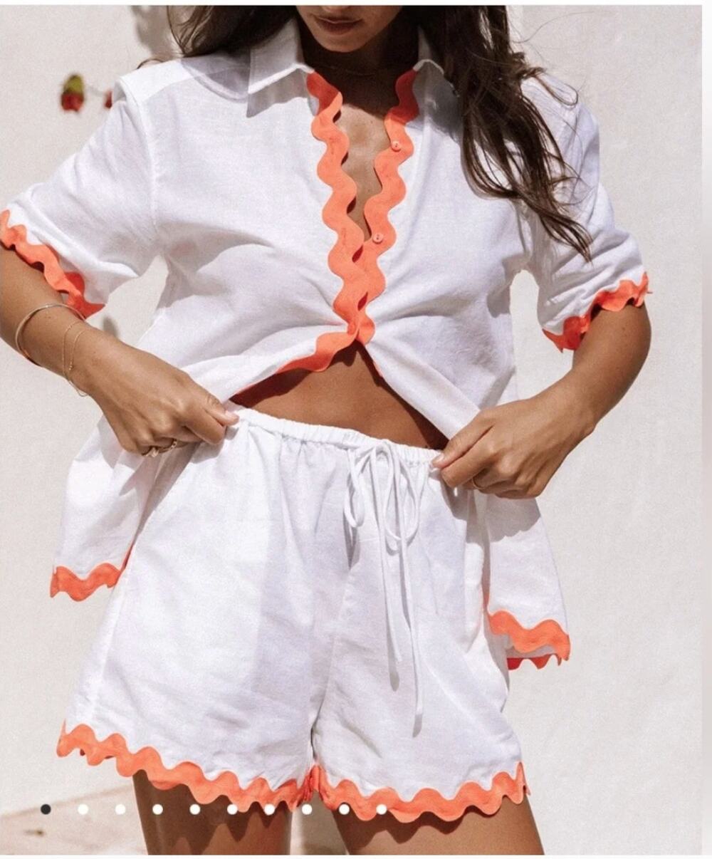 Runaway The Label Harry SET Small White Melon Linen Scalloped Top Shorts